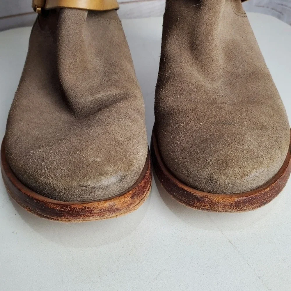 Tory Burch Boots Womens Size 9 Bennie Taupe Suede Leather Short Buckle Pull-On